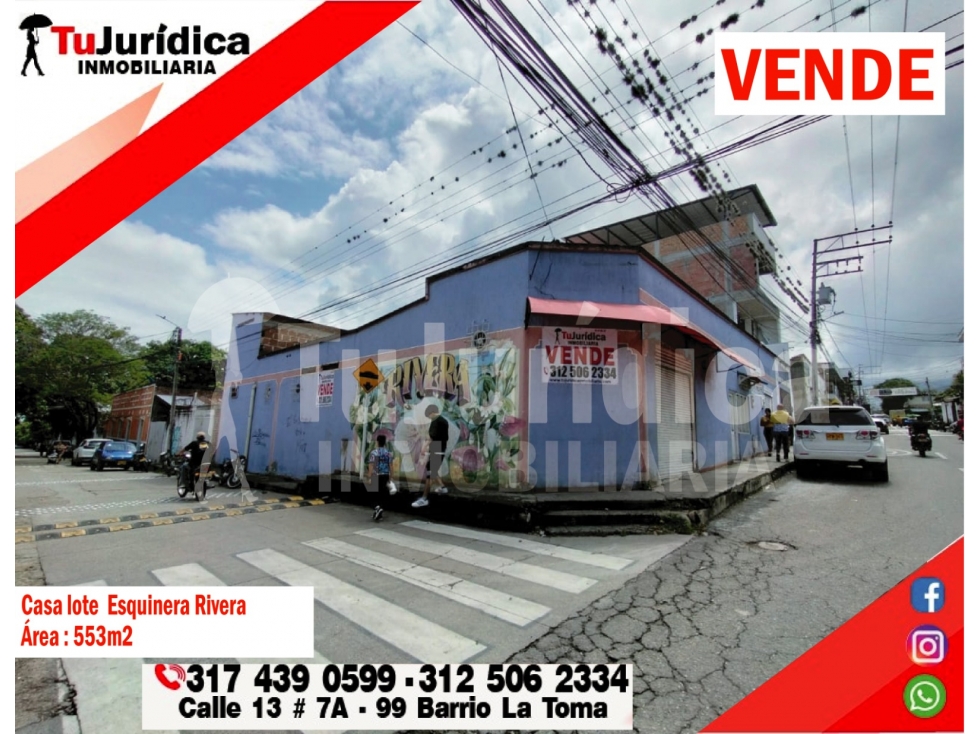 SE VENDE CASA - LOTE EN RIVERA (HUILA-COL) AREA 553 M2 ESQUINERO