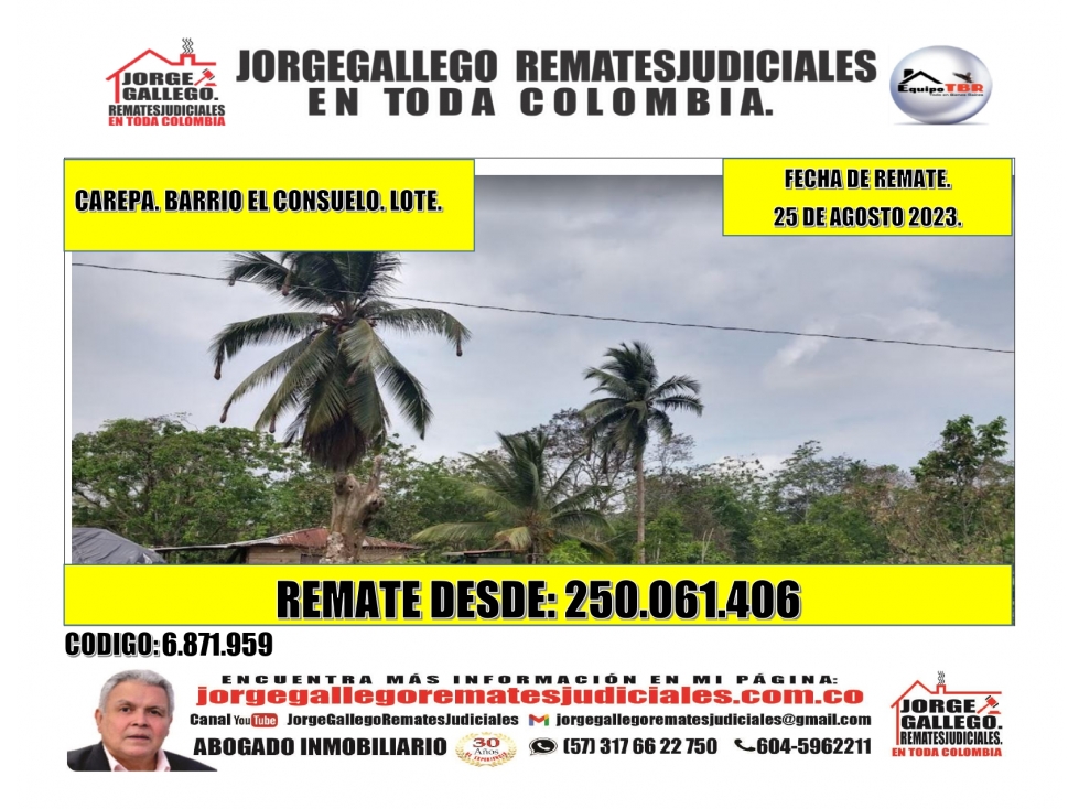 Remate. Carepa. Barrio El Consuelo.Lote