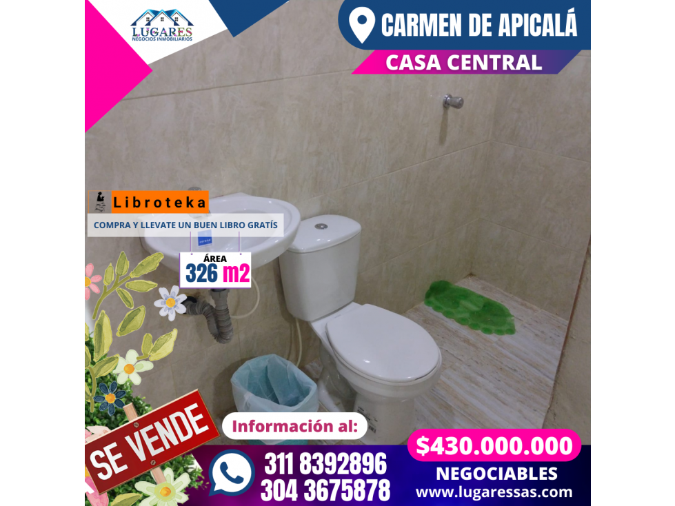 CASAQUINTA EN VENTA DE 326 m2 EN EL CARMEN DE APICALÁ TOLIMA (URBANO)