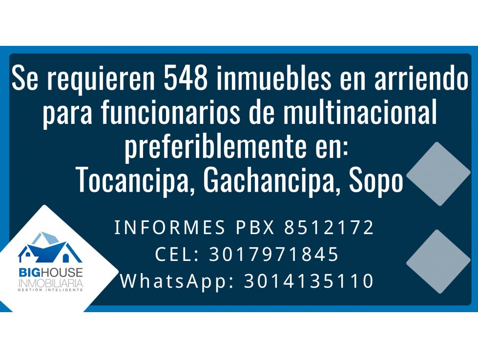 Se requieren 548 inmuebles en arriendo